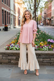 Southern Stitch Pink geometric print puff 3/4 sleeves women's blouse GJQ16999