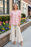Southern Stitch Pink geometric print puff 3/4 sleeves women's blouse GJQ16999