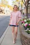 Southern Stitch Pink geometric print puff 3/4 sleeves women's blouse GJQ16999