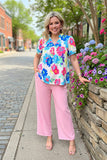 Floral printed short sleeve & v-neckline women blouse XCH15792 CS4