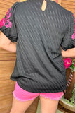 Pink floral embroidery puff short sleeve black women blouse XCH16809 CS2