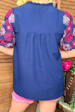 Southern Stitch pink flower embroidery navy blue women top XCH16730