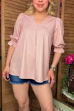 Southern Stitch Pink geometric print puff 3/4 sleeves women's blouse GJQ16999