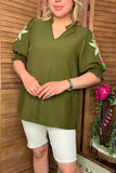 Olive Green flower embroidery ruffle short sleeve women top XCH16633