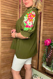 Olive Green flower embroidery ruffle short sleeve women top XCH16633