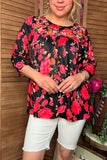 Floral embroidery & floral printed 3/4 sleeves baby doll women top XCH16339(BS5)