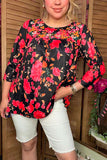 Floral embroidery & floral printed 3/4 sleeves baby doll women top XCH16339(BS5)