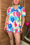 Floral printed short sleeve & v-neckline women blouse XCH15792 CS4