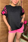 Pink floral embroidery puff short sleeve black women blouse XCH16809 CS2