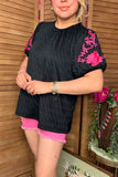 Pink floral embroidery puff short sleeve black women blouse XCH16809 CS2