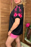 Pink floral embroidery puff short sleeve black women blouse XCH16809 CS2