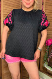 Pink floral embroidery puff short sleeve black women blouse XCH16809 CS2