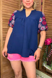 Southern Stitch pink flower embroidery navy blue women top XCH16730