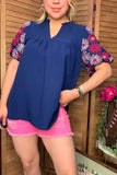 Southern Stitch pink flower embroidery navy blue women top XCH16730