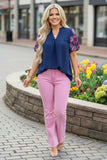 Southern Stitch pink flower embroidery navy blue women top XCH16730
