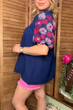 Southern Stitch pink flower embroidery navy blue women top XCH16730