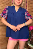 Southern Stitch pink flower embroidery navy blue women top XCH16730