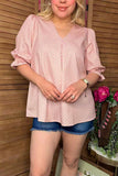 Southern Stitch Pink geometric print puff 3/4 sleeves women's blouse GJQ16999