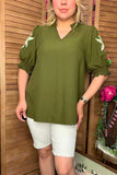 Olive Green flower embroidery ruffle short sleeve women top XCH16633