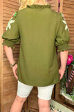 Olive Green flower embroidery ruffle short sleeve women top XCH16633