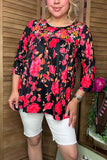 Floral embroidery & floral printed 3/4 sleeves baby doll women top XCH16339(BS5)