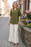 Olive Green flower embroidery ruffle short sleeve women top XCH16633