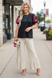 Pink floral embroidery puff short sleeve black women blouse XCH16809 CS2
