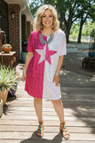 Sequin half pink & fuchsia star patterns short sleeve women dress BQ14736 (BS4)