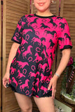 Half fuchsia & black horse printed short sleeves women top XCH14361 (CS5)