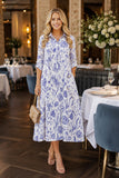 Clearance-- Blue and white floral printed A-line loose maxi dress GJQ17008 (AS6)