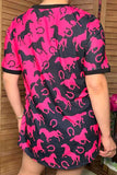 Half fuchsia & black horse printed short sleeves women top XCH14361 (CS5)