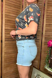 Wholesale women's shorts light blue washed denim fabric with pockets S016