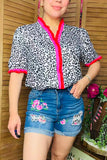 J505 Blue denim women's shorts w/ floral patches GS10