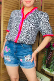 J505 Blue denim women's shorts w/ floral patches GS10