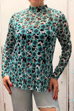 Southern Stitch Turquoise aztec & cow print sheer long sleeve women top XCH17093 IS5