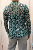 Southern Stitch Turquoise aztec & cow print sheer long sleeve women top XCH17093 IS5