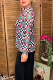 Southern Stitch Western jewels & checkered print sheer long sleeve top XCH17200 IS4