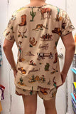 Clearance -- Western patterns print short sleeve top & shorts 2pc women set XCH16892