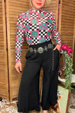Southern Stitch Western jewels & checkered print sheer long sleeve top XCH17200 IS4