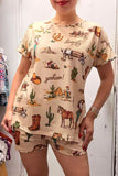 Clearance -- Western patterns print short sleeve top & shorts 2pc women set XCH16892