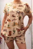 Clearance -- Western patterns print short sleeve top & shorts 2pc women set XCH16892
