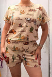 Clearance -- Western patterns print short sleeve top & shorts 2pc women set XCH16892