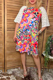 Floral printed white raglan lace short sleeve women dress YMY15009 (BS10)