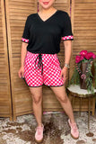 Western chic black top pink checkered shorts women's boutique set XCH17154