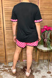 Western chic black top pink checkered shorts women's boutique set XCH17154