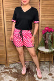 Western chic black top pink checkered shorts women's boutique set XCH17154