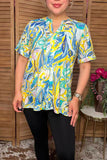 Western yellow & blue floral printed short sleeve women blouse BQ16262 FS6/ES6