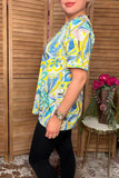Western yellow & blue floral printed short sleeve women blouse BQ16262 FS6/ES6
