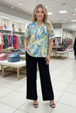 Western yellow & blue floral printed short sleeve women blouse BQ16262 FS6/ES6
