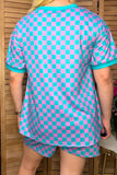 Western turquoise/pink checkered top & shorts women's boutique set Southern Stitch XCH17217